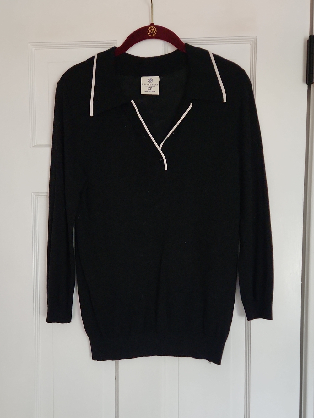 Laurie Felt Black V-Neck Polo Sweater with White Trim